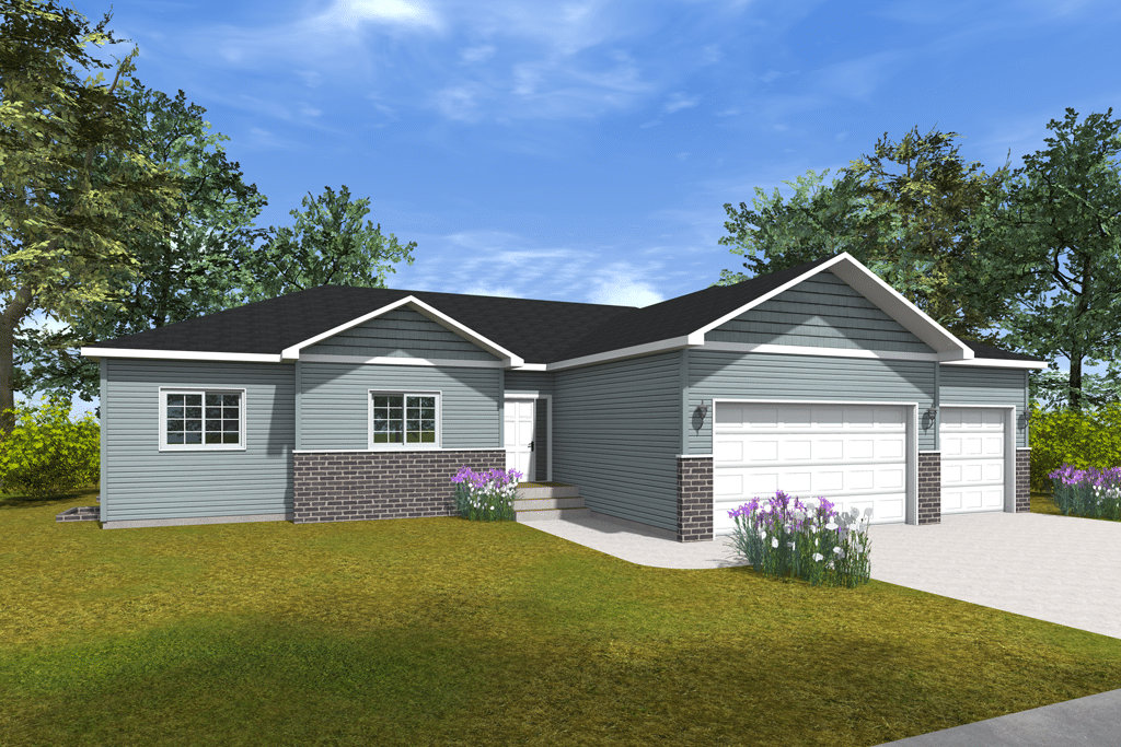 Ranch-Model-Home-2020-FInal-Rendering- Blue house with two garage
